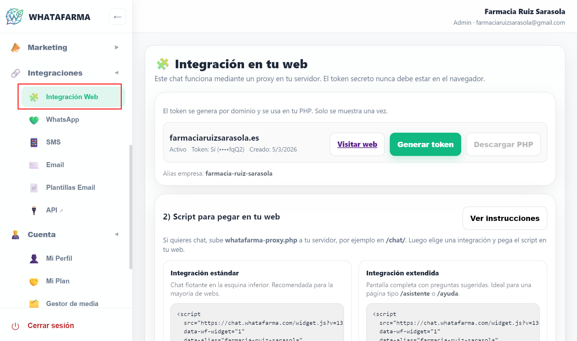 Panel de integración web en WhataFarma