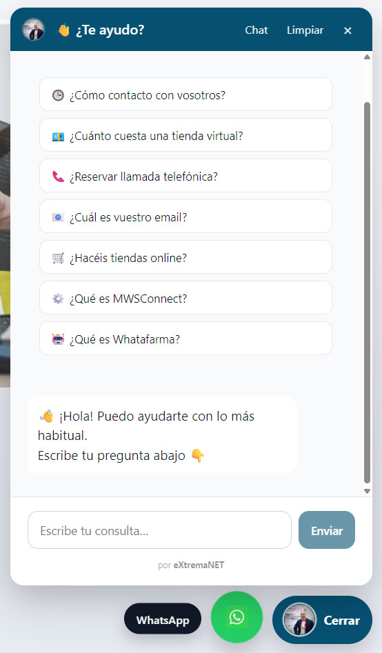 Widget extendido con preguntas sugeridas